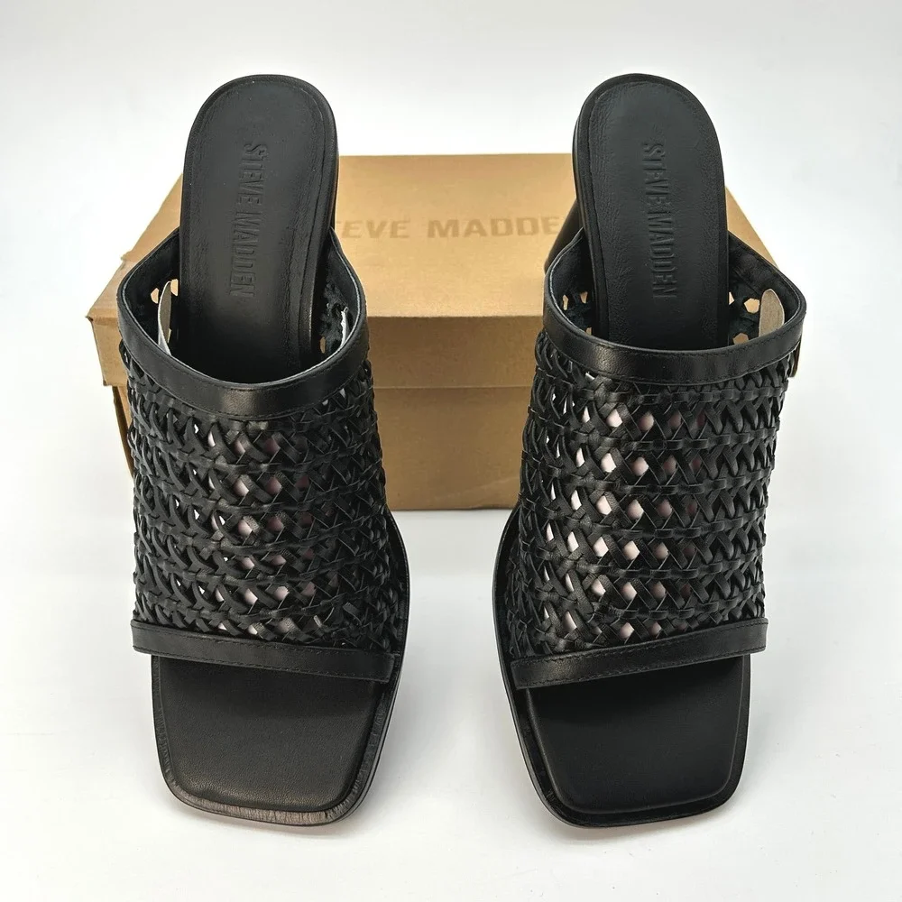 Block Heel Sandals Steve Madden Fresca Womens Size 11 Black Woven Leather NEW